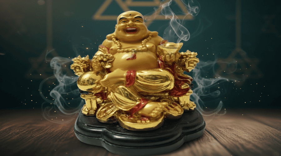 Feng Shui Laughing Buddha with Coin Chain and Wealth Pot in Hand